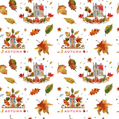 Watercolor autumn seamless pattern with isolated hand-drawn houses, leaves, trees, umbrellas, mushroom, birds