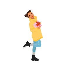 Cute girl wearing a yellow winter sweater illustration. Girl holding Christmas gift. Playful pose. Isolated illustration of a girly winter outfit. Trendy hand-drawn jpg illustration.