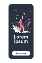 Happy woman learning about her pregnancy. Girl holding positive pregnancy test flat vector illustration. Motherhood, planning, prenatal care concept for banner, website design or landing web page