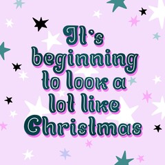 Dark Christmas lettering quote on a soft purple background. Cute hand-drawn letters. Winter holidays concept. Trendy illustration of a quote and stars around. Festive holiday illustration for cards.