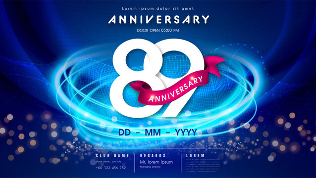 89 years anniversary logo template on dark blue Abstract futuristic space background. 89th modern technology design celebrating numbers with Hi-tech network digital technology concept design elements.