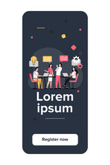 Business team planning working process flat vector illustration. Cartoon colleagues talking, sharing thoughts and smiling in company office. Teamwork and workflow concept