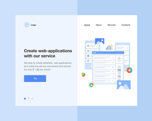 The concept head of the website to launch the company for promotion, space, hosting or other spheres. Landing page template. Isometric vector illustration with web-application, web-page.