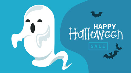 happy halloween celebration card with ghost and bats flying