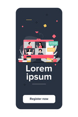 Desktop with virtual meeting or videoconference isolated flat vector illustration. Cartoon people on computer screen talking with colleagues online. Collective chat and digital technology concept