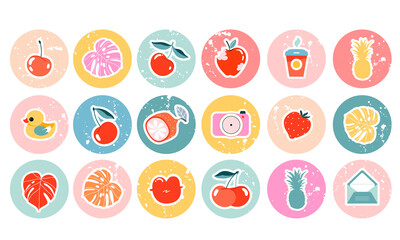 Instagram story highlights icons. Set of colorful circles with a variety of illustrated elements. Monstera, cherries, photo camera. Blogger icon pack for social media. Instagram feed design elements.