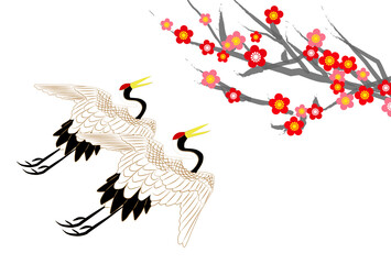 2021年丑年年賀状-赤色円の和柄丹頂鶴