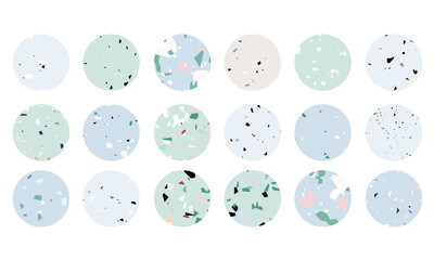 Fototapeta na wymiar Trendy terrazzo highlight icon set. Soft stone texture icons for social media, button design. Terrazzo circle collection. Grungy concrete texture icons. Modern infographics. Hand-drawn vector shapes.