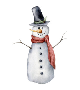 Watercolor snowman. Hand painted Christmas illustration with hat, scarf and carrot isolated on white background. Holiday card for design, print, fabric or background.