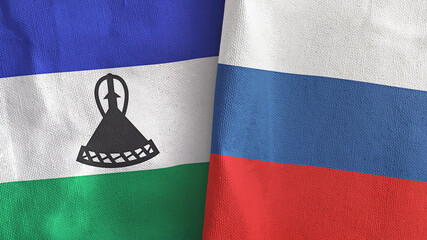 Russia and Lesotho two flags textile cloth 3D rendering