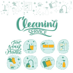Cleaning company concept. A set of icons for washing and disinfecting the house, background and logo for the cleaning service. Vector isolated illustrations.