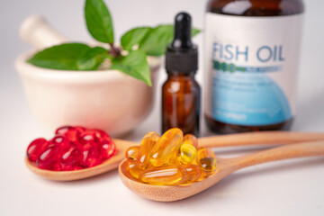 Alternative medicine herbal organic capsule with vitamin E omega 3 fish oil, mineral, drug with herbs leaf natural supplements for healthy good life..