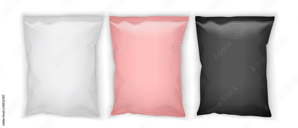 Wall mural white, pink and black paper packaging isolated on white background mock up