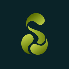 Letter S logo.Typographic icon isolated on dark background.Green lettering leaf sign.Uppercase alphabet initial.Modern,elegant,natural,luxury style.Character shape for company branding.