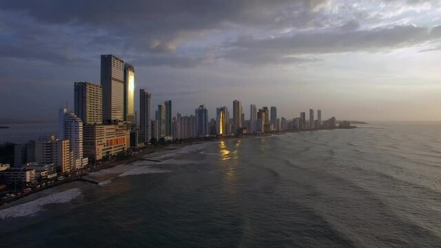 Aerial view of modern buildings in the Bocagrande neighbourhood at sunset in Cartagena, Caribbean Coast Region, Colombia.