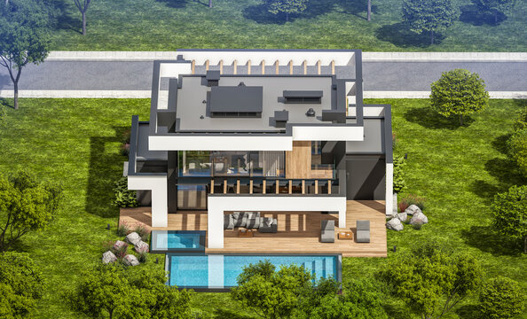3d rendering of modern cozy house with pool and parking for sale or rent in luxurious style and beautiful landscaping on background. Summer sunny day with clear blue sky.