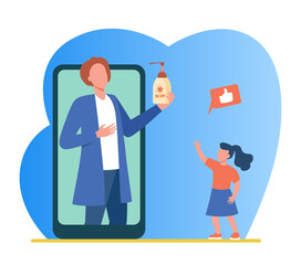 Online doctor recommending sunscreen for kids. Phone screen, girl taking bottle of sunblock flat vector illustration. Children in summer vacation concept for banner, website design or landing web page