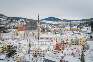 Obraz premium Winter view old Town of Cesky Krumlov and Church in Cesky Krumlov, Czech republic