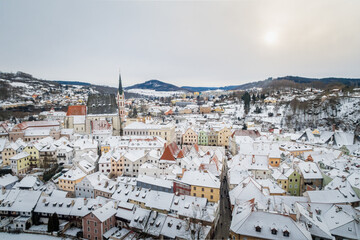 Winter view old Town of Cesky Krumlov and Church in Cesky Krumlov, Czech republic