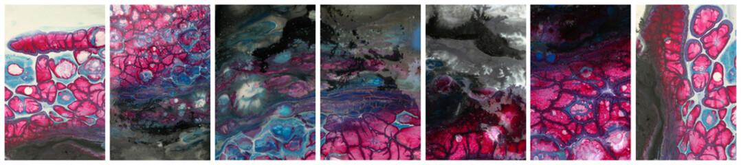 Abstract acrylic marble flow blot painting. Color vertical texture backgrounds. Collection.