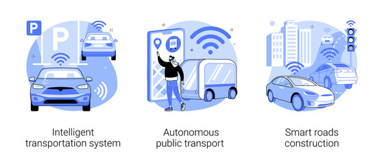Smart city technology abstract concept vector illustration set. Intelligent transportation system, autonomous public transport, smart roads construction, traffic, parking management abstract metaphor.