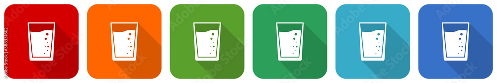 Poster glass of water icon set, flat design vector illustration in 6 colors options for webdesign and mobil