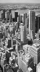 Black and white aerial picture of New York City, US.