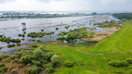 The river floods in the spring. Flooded fields and meadows