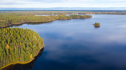 Aerial autumn view of Liesjarvi National Park and Lake, Tammela, Finland