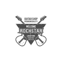 Rock star guitar shop label, badge, emblem logo with musical instrument. Stock illustration isolated on white background