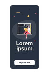 Young woman reading book on windowsill. Girl enjoying novel, student doing home task flat vector illustration. Knowledge, literature, reader concept for banner, website design or landing web page