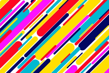 Fotobehang Geometric lined trendy pop art colors vector design. Stripes pattern of pink, purple, blue and yellow bright pop art style colors. Multicolor paint brush pattern, hipster web design for advertising © onajourney
