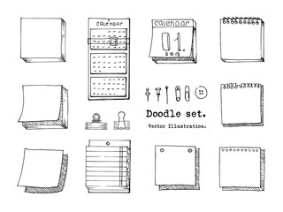 Vector Set of Doodle sticky note, paper sheet, pack of paper, calendar, pin, binder.  Sketch Office stuff. Hand drawn doodle vector illustration. Design elements for infographic, doodle icon.  School
 - obrazy, fototapety, plakaty