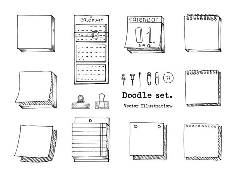 Vector Set of Doodle sticky note, paper sheet, pack of paper, calendar, pin, binder.  Sketch Office stuff. Hand drawn doodle vector illustration. Design elements for infographic, doodle icon.  School
