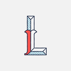 Vector condensed retro L letter logo with striped shadows.