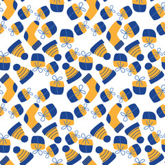 Seamless pattern, modern yellow-blue background with Christmas attributes.