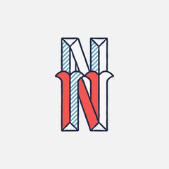 Vector condensed retro N letter logo with striped shadows.