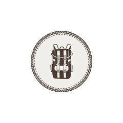 Backpack icon, patch and sticker. Vintage hand drawn outdoor adventure design. Camping icon. Stock isolated on white background