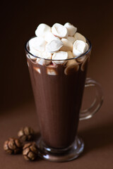 Cocoa drink with marshmallows in a glass on a brown background with festive winter decorations. Winter mood. Minimalistic monochrome composition. Selective focus. Frontal view. Vertical. Copy space