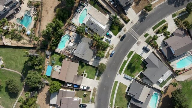 Aerial top view of Southern California houses with pools and green garden