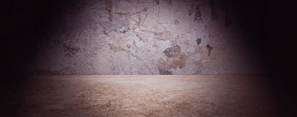 used grunge stone concrete wall banner with retro lighteffekt on background and floor. used as studio background wall to display your products.
