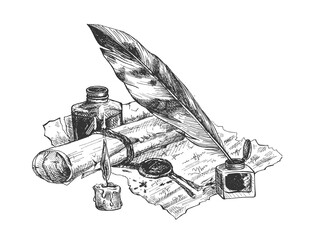 manuscript scroll, feather pen and ink bottles.