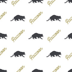 Raccoon seamless with typography sign. Wild animal wallpaper. Stock pattern isolated on white background. Retro colors. Vintage hand drawn design