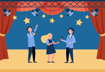 Happy children with microphones performing on stage, playing roles in school theater or singing. Vector illustration for talent show, concert, performance, childhood concept