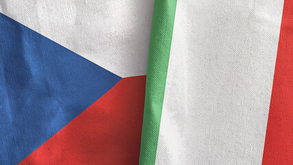 Italy and Czech Republic two flags textile cloth 3D rendering