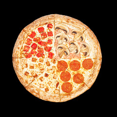pizza on black background isolated with 4 types of mushrooms, tomatoes, salami and chicken