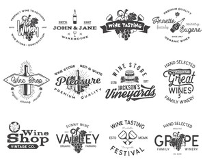 Wine black logos, labels set. Winery, wine shop, vineyards badges collection. Retro Drink symbol. Typographic design illustration. Stock emblems and icons isolated on white background.