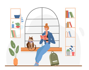 Student reading book vector illustration. Cartoon young booklover woman sitting among bookshelves, clever girl scholars reader character with glasses studying, education activity isolated on white