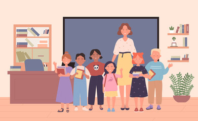 Back to School. Pupils and woman teacher in school classroom. Elementary school class, group of kids stand in row together vector illustration.