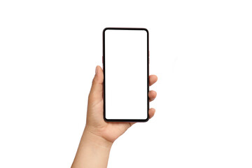 Man hand holding a black smartphone and white screen isolated on white background.clipping path